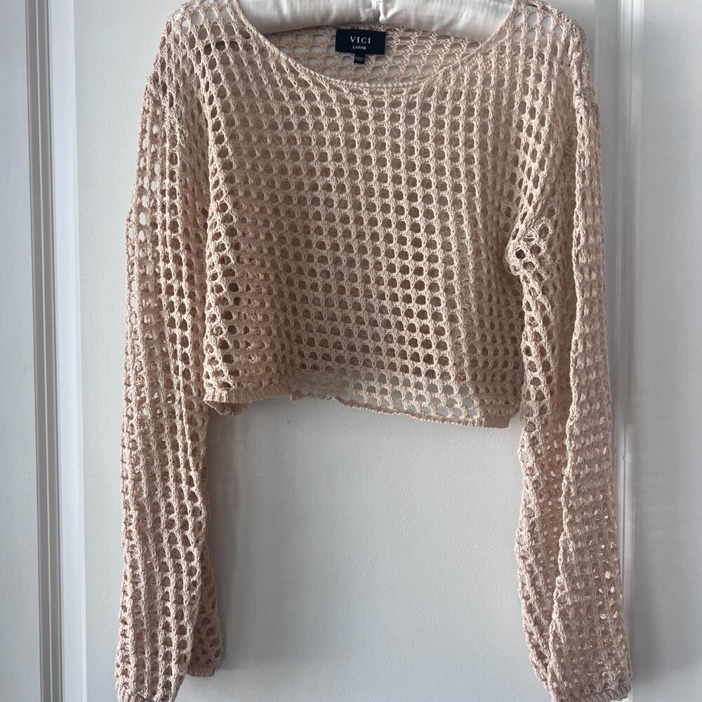 Vici Tan Crochet Cropped Sweater Beach Cover Up - Picture 2 of 7